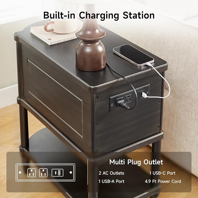 ONBRILL Narrow End Table with Charging Station, Pre-Assembled Nightstand with 2 - Image 5