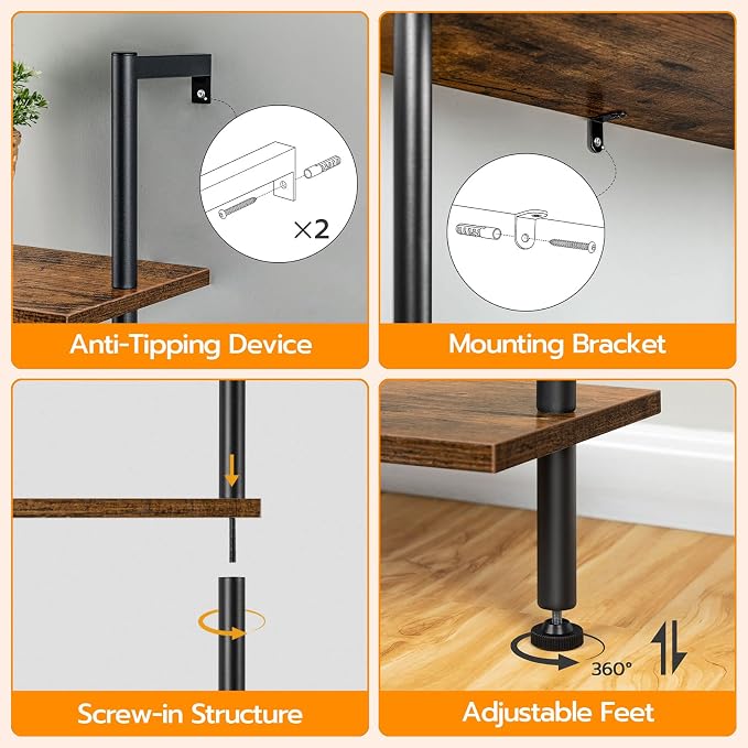 HOOBRO DIY Ladder Shelf, 5-Tier Wooden Wall Mounted Bookshelf, Narrow Bookcase - Image 6