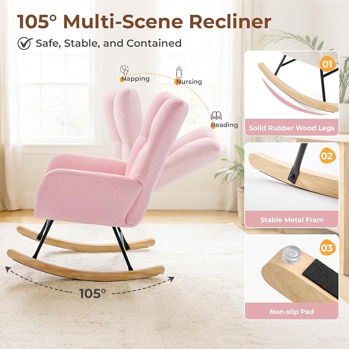 DUMOS Nursery Rocking Chair Teddy Upholstered, Comfy Glider Rocker - Image 3