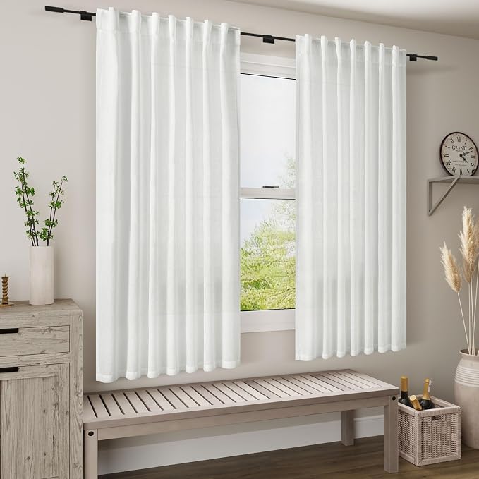 White Linen Curtains for Living Room 54 inch Length White Light Filtering Semi - Image 8