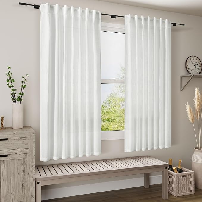 Nanspring White Curtains for Kitchen Linen Semi Sheer Light Filtering Curtains - Image 6