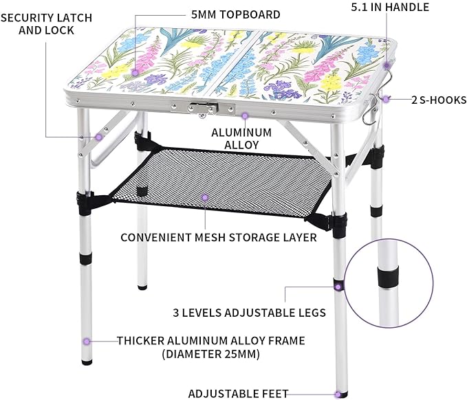 Yriuat Folding Camping Table 2ft Portable Pinic Table Adjustable Height Small - Image 4