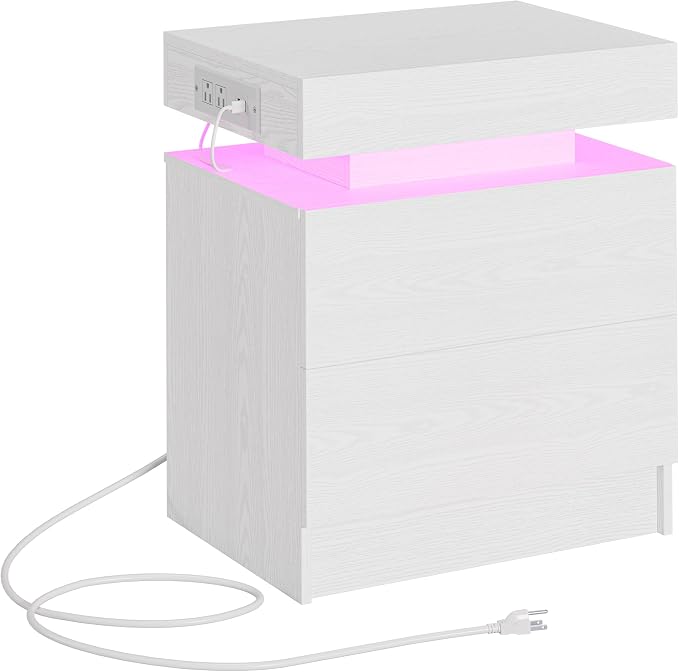 LIKIMIO Night Stand with Charging Station, Modern White Nightstand with LED by LIKIMIO