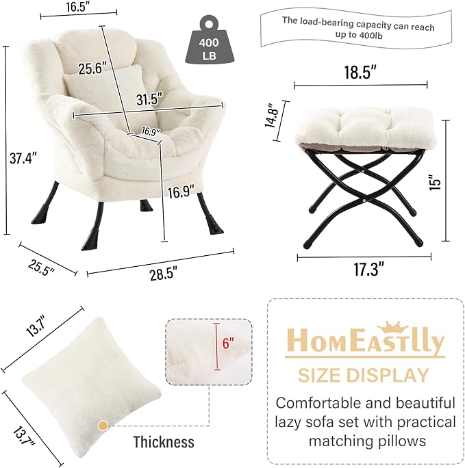 Lazy Chair with Ottoman, Large Lvory Accent Chair with Ottoman and FA Throw - Image 3