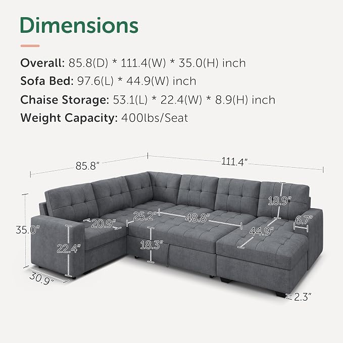 HONBAY Sectional Sleeper Sofa, Sleeper Sofa Couch - Image 2