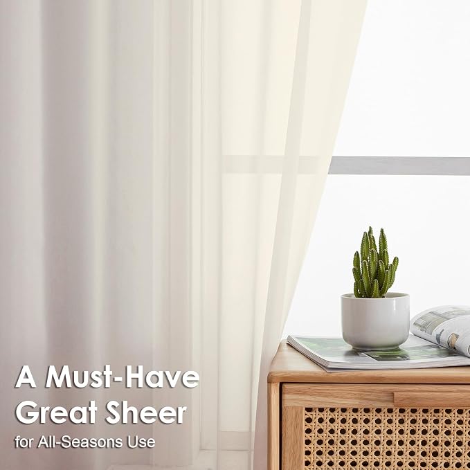 OVZME Cream Sheer Curtains 63 Inches Long 2 Panels - Image 2