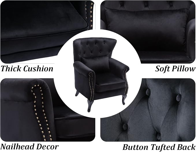Set of 2 Mid-Century Modern Accent Chair, Velvet Armchair w/Tufted Back/Wood - Image 5