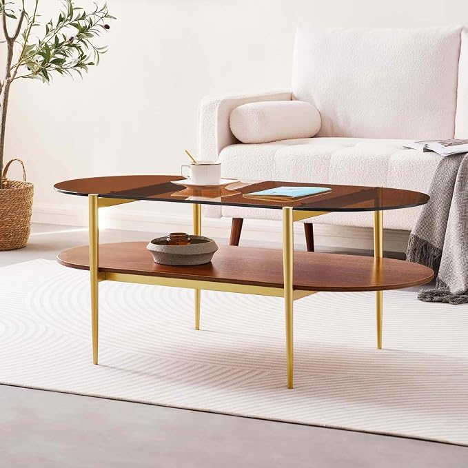 LumFurn Oval Glass Coffee Table, Mid-Century Modern Design, L41 x W21 x H17 inch - Image 3