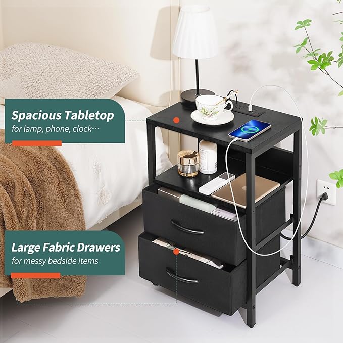 Yoobure Nightstand with Charging Station, LED Night Stand with Fabric Drawers - Image 6