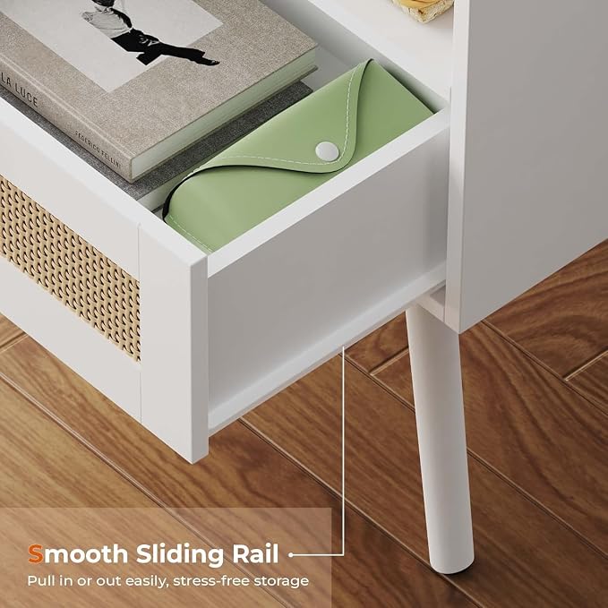 SUPERJARE Nightstand with Charging Station & Rattan-Like Decor Drawer, Rattan - Image 8