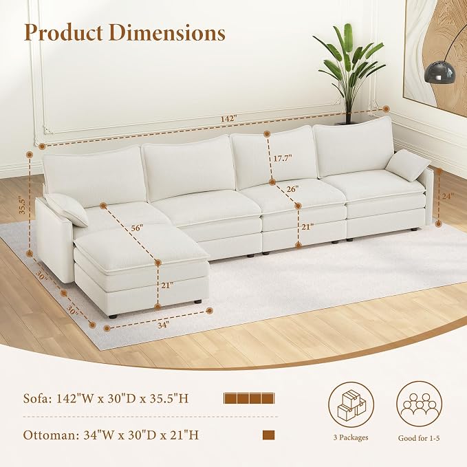 Vesgantti 142" Cloud Couch Sectional Modular Sofa, Comfy Sectional Couch - Image 2
