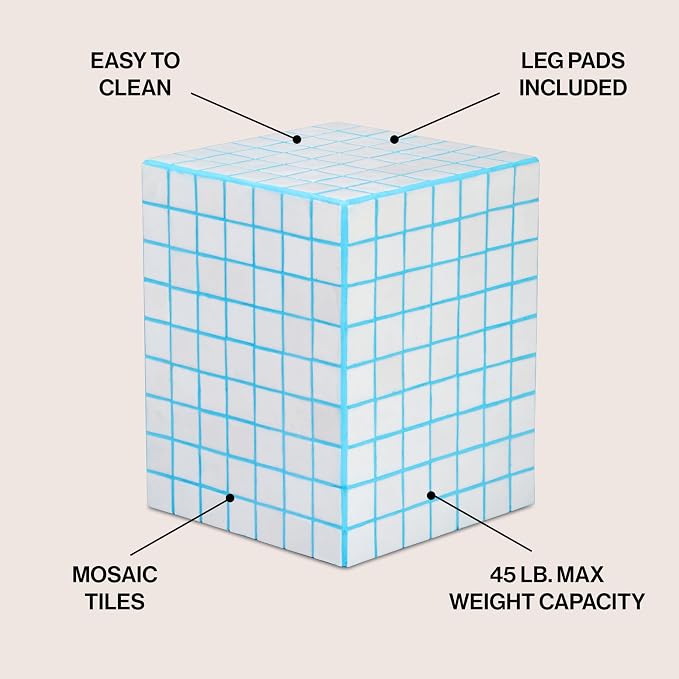 JONATHAN Y Callista 18-Inch White/Neon Blue Modern Ceramic Tiled Cube Side Table - Image 3
