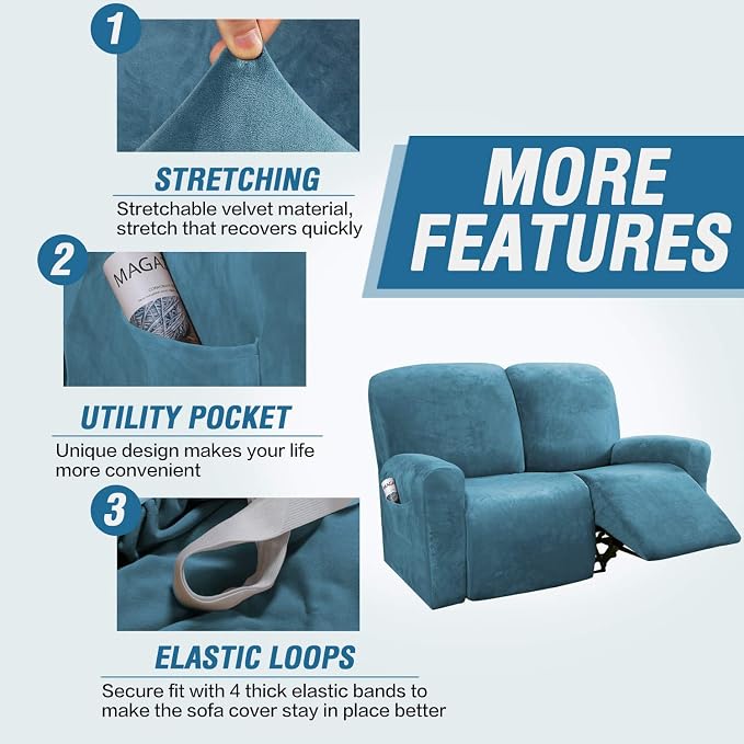 H.VERSAILTEX Velvet Stretch Recliner Couch Covers 6-Pieces Recliner Loveseat - Image 4