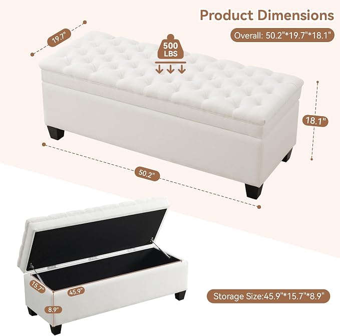 WUTUTUEE 51" Fabric Storage Ottoman Bench, Upholstered Rectangle End of Bed - Image 2