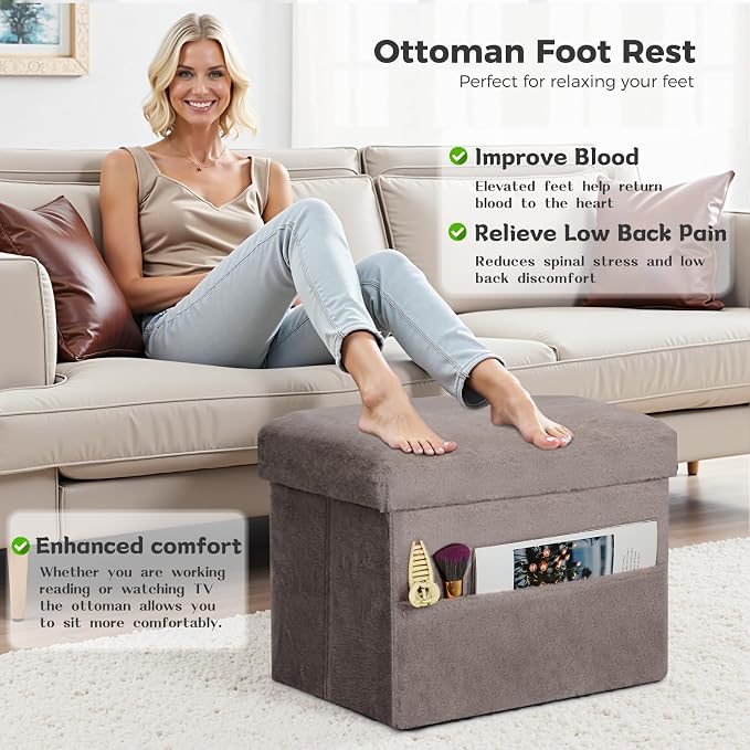 Ottoman with Storage, Folding Soft Fur Ottoman Foot Rest Stool with Thicker - Image 2
