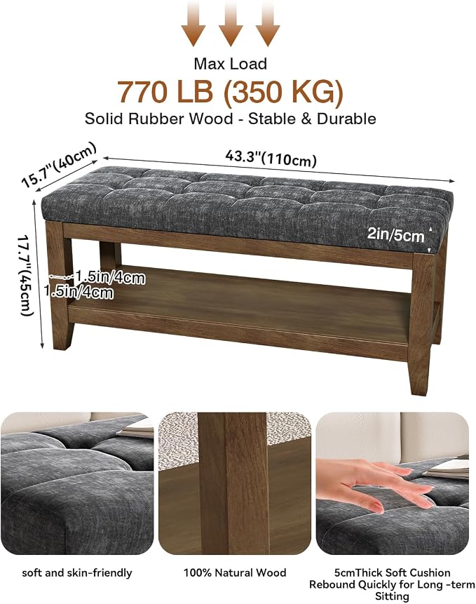 ABHENG Solid Rubber Wood Shoe Bench, Soft Chenille Material Upholstered Seat - Image 2