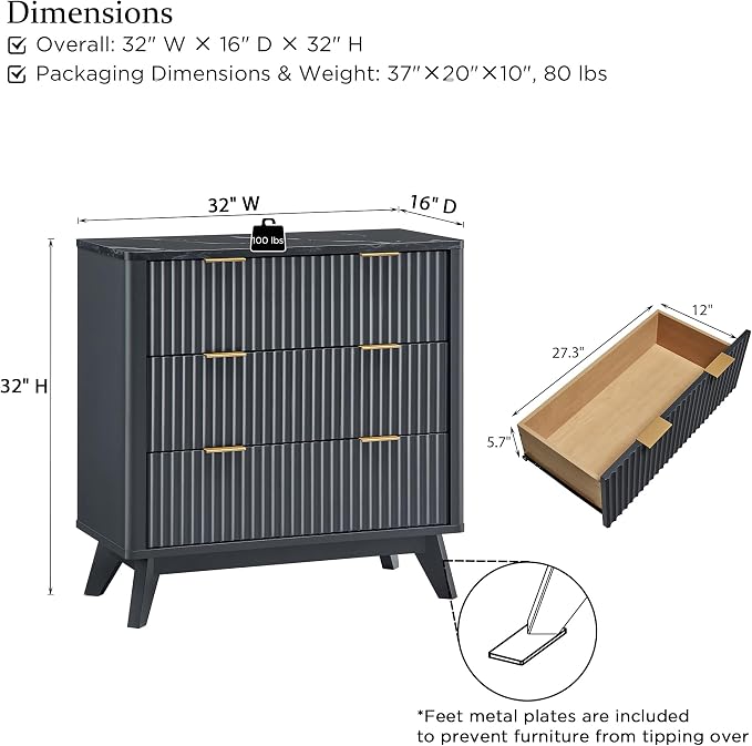 T4TREAM Fluted 3 Drawers Nightstand Set of 2, Oversized Extra Large Modern Side - Image 3