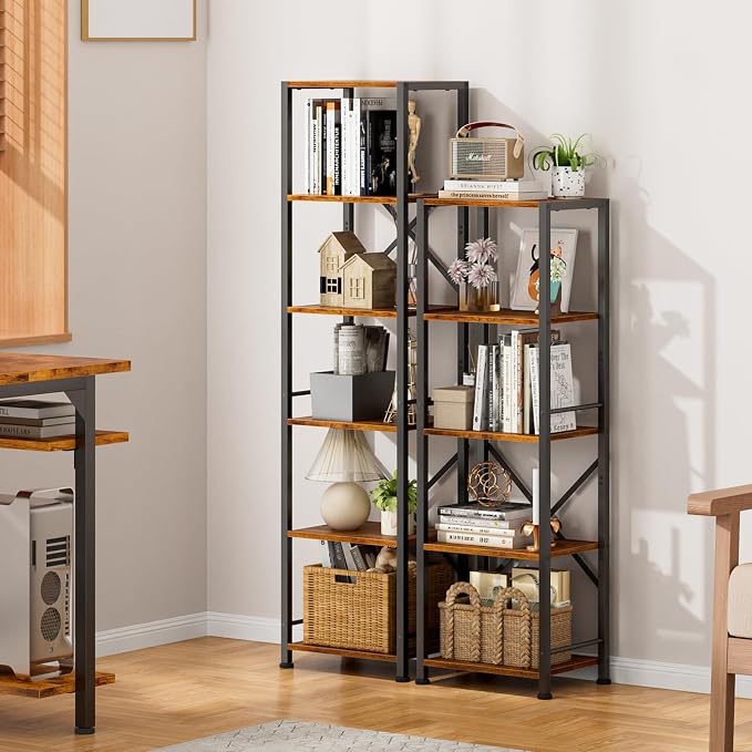 Furologee 5 Tier Tall Bookshelf, Rustic Narrow Bookcase, Display Standing Shelf - Image 9