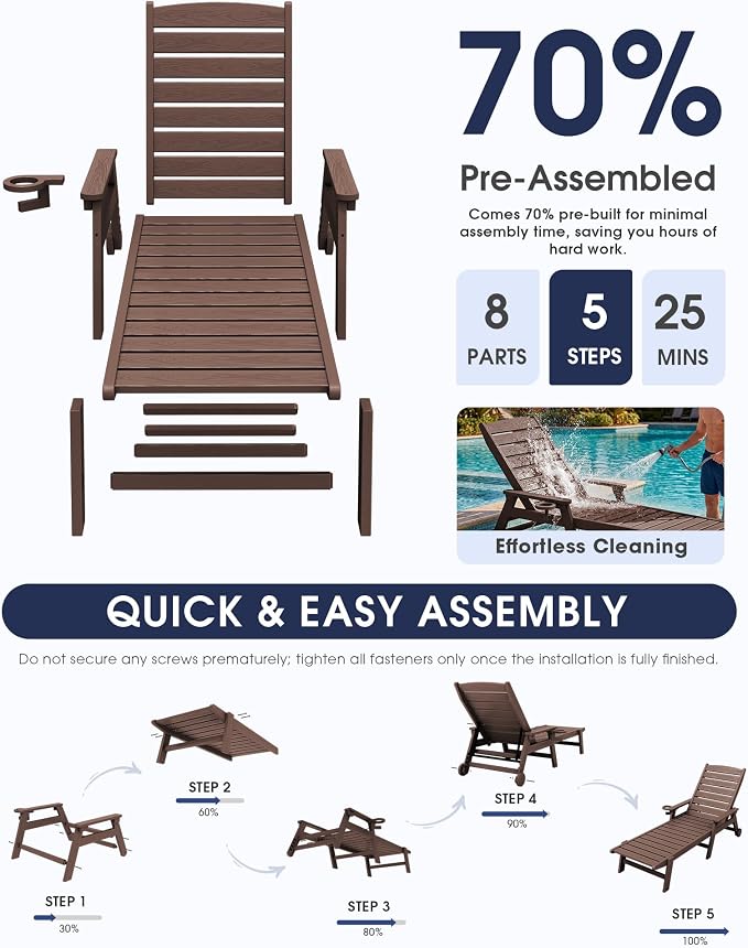 KINGYES HDPE Lounge Chair Outdoor, Patio Chaise Lounge Recliner - Image 9