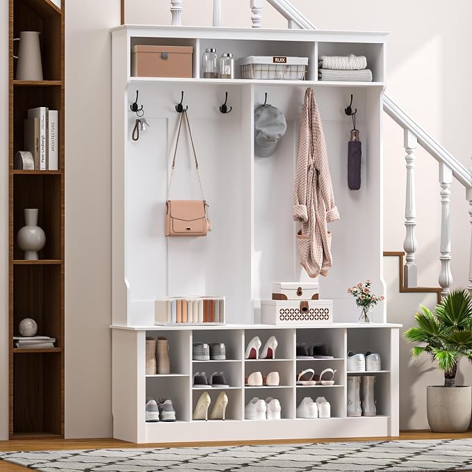 Wodeer Hall Tree with Bench and Shoe Storage, 6 Hooks, 12 Shoe Cubbies - Image 2