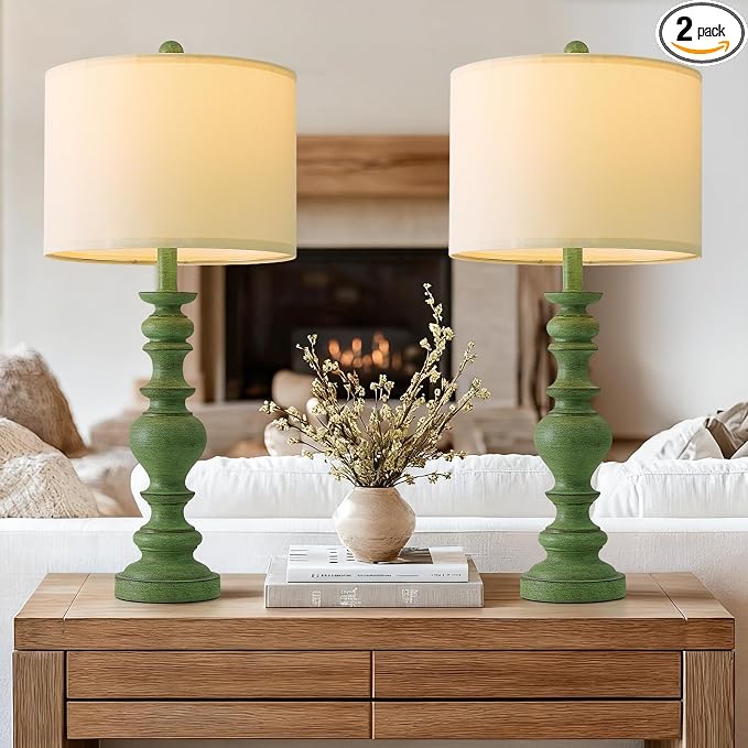 BOBOMOMO 27" Sage Green Table Lamps Set of 2, Large Farmhouse Resin Lamps by BOBOMOMO