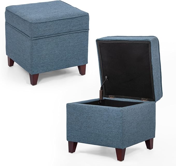 Adeco 17" Square Ottoman with Storage, Small Blue Storage Ottoman Foot Rest - Image 5