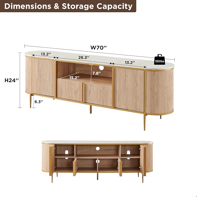 OKD 70" Fluted TV Stand with Storage, Faux Marble Top Entertainment Center - Image 6