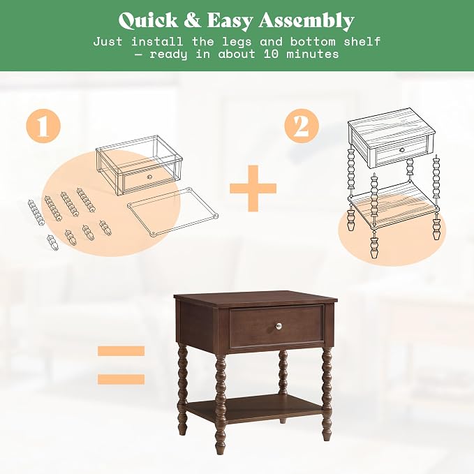AMERLIFE 24" Walnut Nightstand Set of 2, Vintage Bedside Table - Image 4