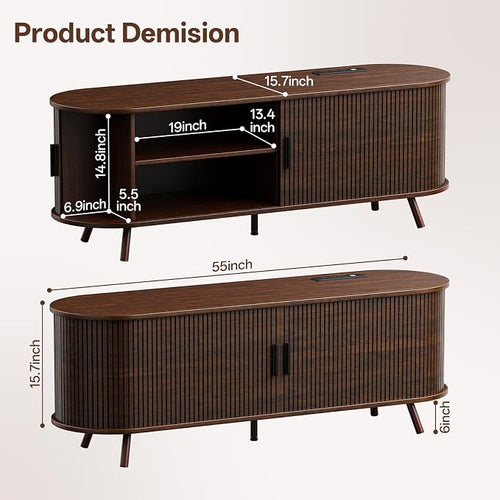 55 inch TV Stand with Power Outlet, Fluted Entertainment Center - Image 2