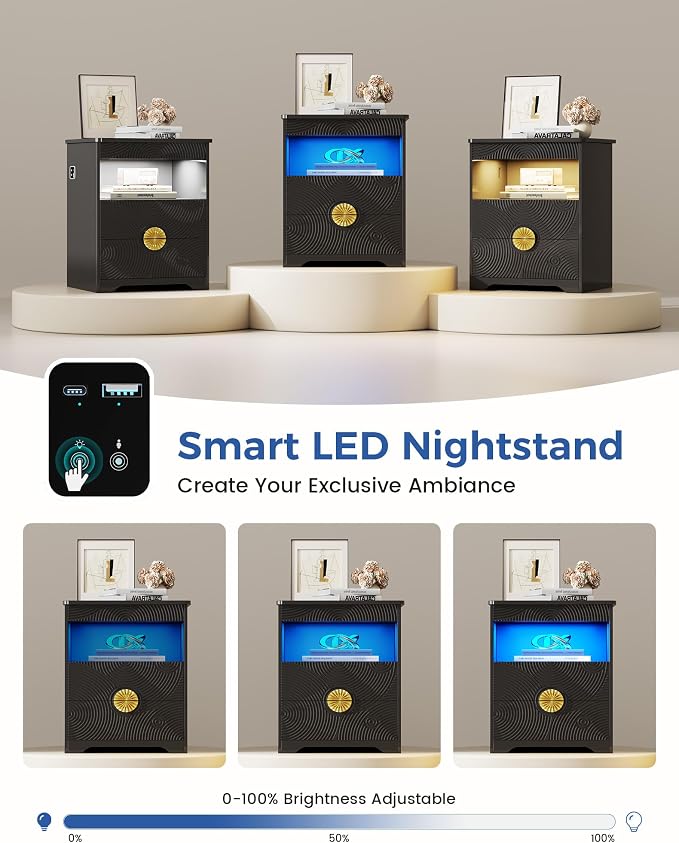 Nightstands Set of 2 with Gun Drawer, Bedside Table with 3-Color LED Lights & - Image 6