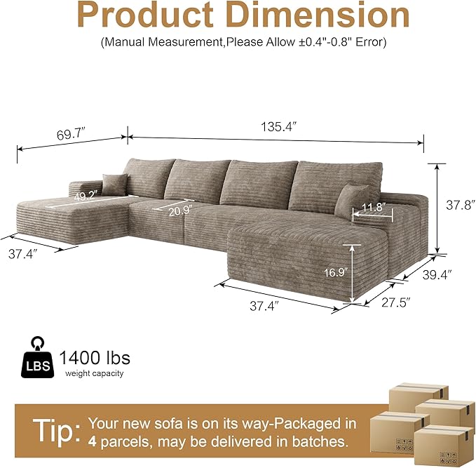 136" Sectional Couches for Living Room Cloud Couch Sofa - Image 2