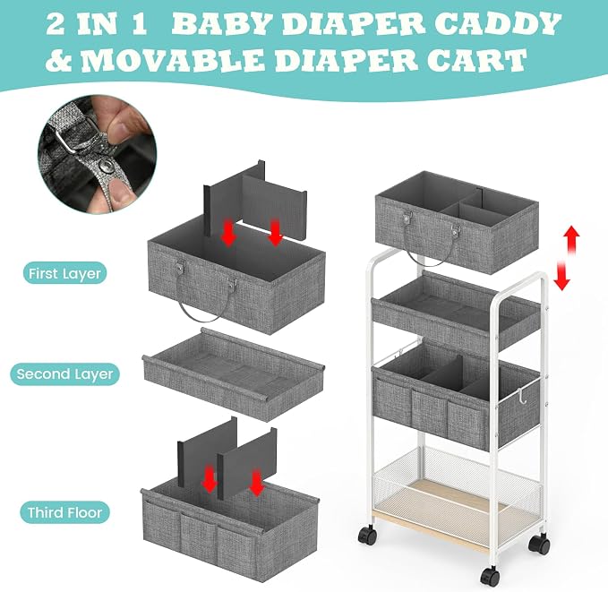 2In1 Baby Diaper Caddy & 3-Tier Rolling Diaper Cart, Diaper Caddy Organizer Cart - Image 3