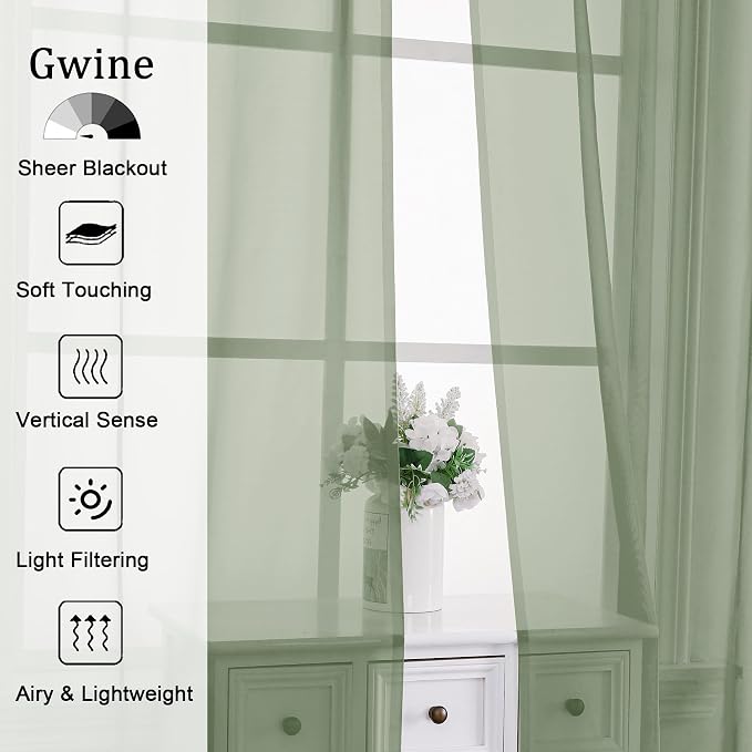 Gwine Sage Green Sheer Curtains 30 Inch Length, Short Light Filtering Voile - Image 3