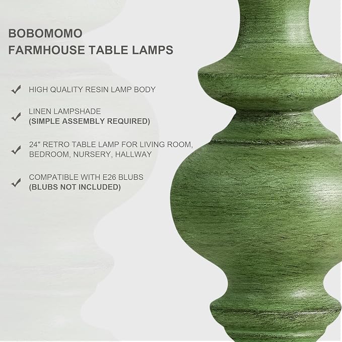 BOBOMOMO 24" Farmhouse Table Lamps Set of 2 – Sage Green Bedside Lamps - Image 2