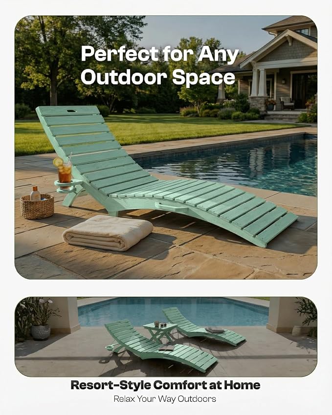 Folding HDPE Pool Lounge Chairs Set of 2, Pre-Assembled Outdoor Chaise Lounge - Image 7