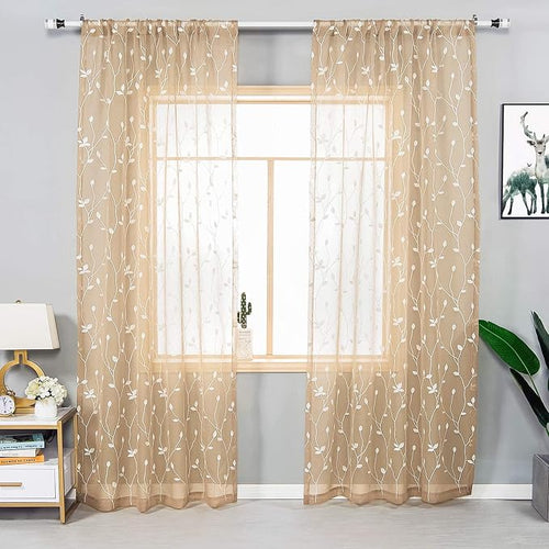 AmHoo 2 Panels Embroidered Leaf Pattern Semi Sheer Curtains Foliage Floral - Image 2