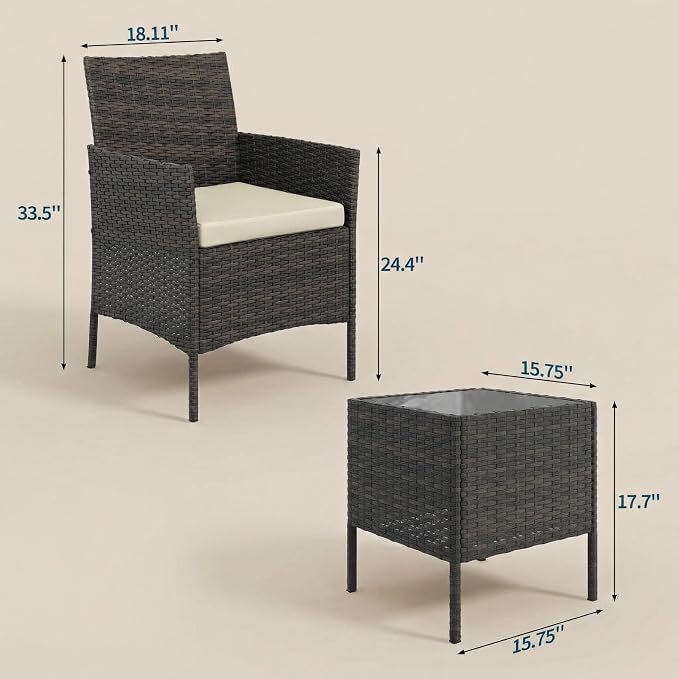 GarveeHome 3-Piece Patio Bistro Set, PE Rattan Outdoor Conversation Furniture - Image 2