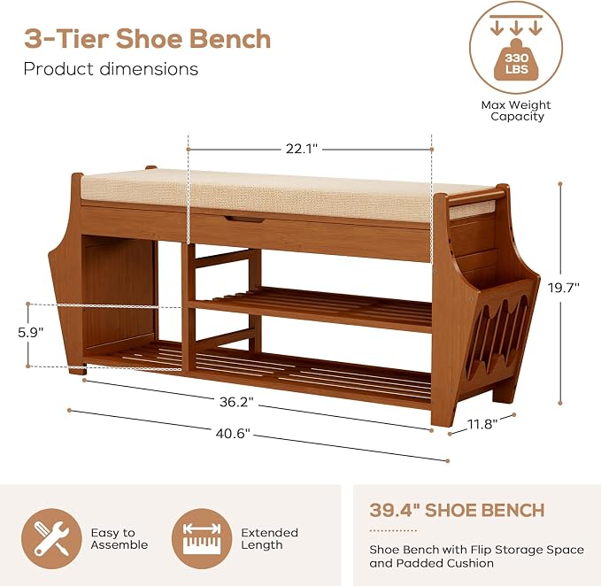 oakvivo 39.4in Shoe Bench with 2 Side Holder, 3 Tier Bamboo Entryway Bench with - Image 2