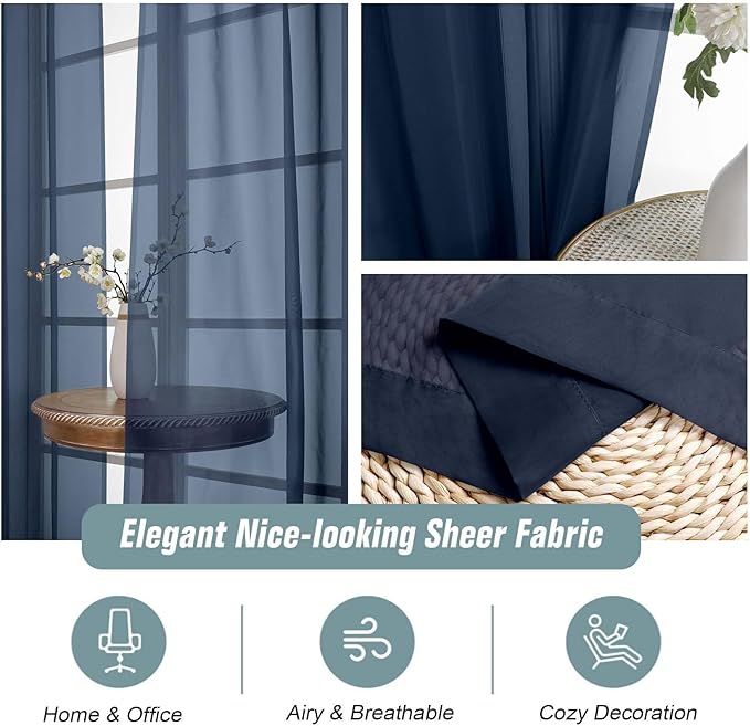 Navy Blue Sheer Curtains 63 Inch Length 2 Panels, Voile Sheer Curtain - Image 4