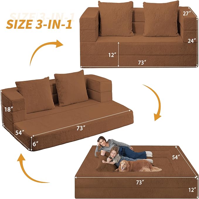 Folding Bean Bag Chair for Adults, 3-in-1 Bean Bag Couch Faux Fur Floor Sofa - Image 3