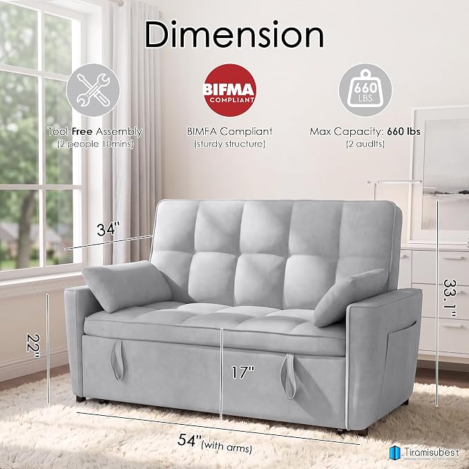 54'' Sleeper Sofa Bed, Convertible Pull Out Couch Futon - Image 2