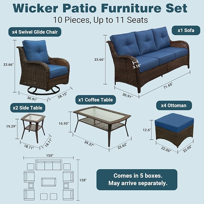 Patio Furniture Set, High Back Rattan Sofa & Swivel Rocker Chairs, Weather - Image 6