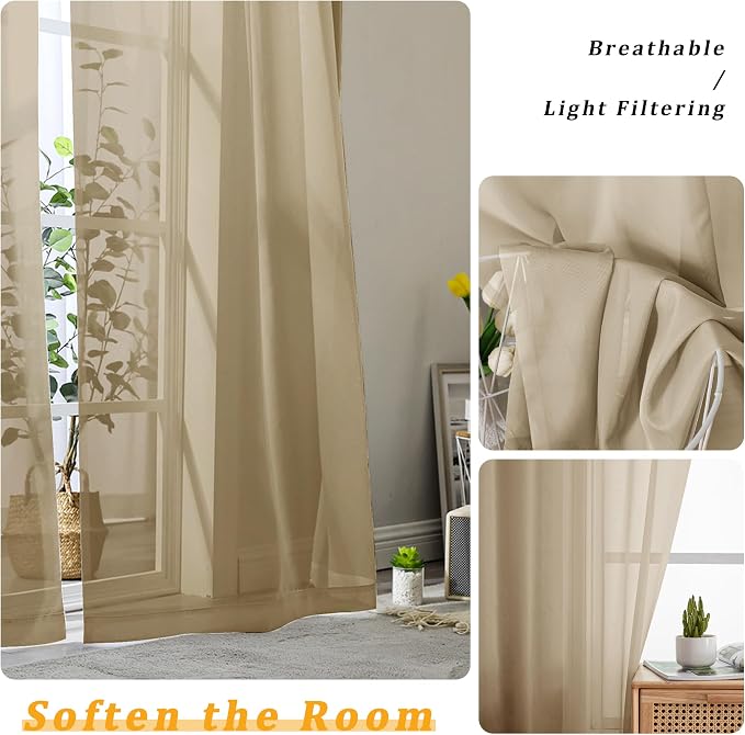 Gwine Taupe Sheer Curtains for Bedroom 54 inches Long 2 Panels, Light Filtering - Image 3