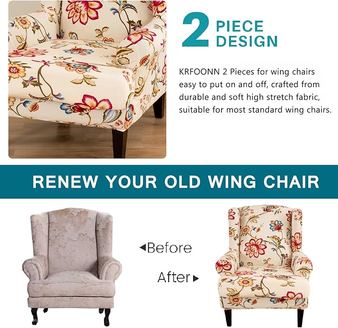 KRFOONN Wingback Chair Covers Slipcovers 2 Piece Stretch Wing Chair Covers - Image 3