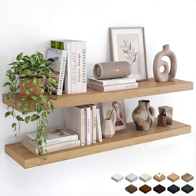 Oak Floating Shelves Set of 2，35.43in Wall Mounted Display Ledge Shelves by INHABITUNION