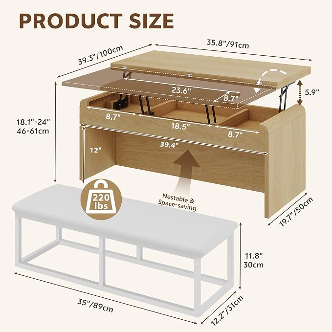 Coffee Table with Bench, 4-in-1 Multi-Function Coffe Table w/Curved Corner - Image 2