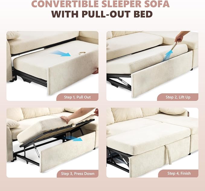 VINGLI Beige Convertible Futon Sofa Bed, Sleeper Sofa - Image 3