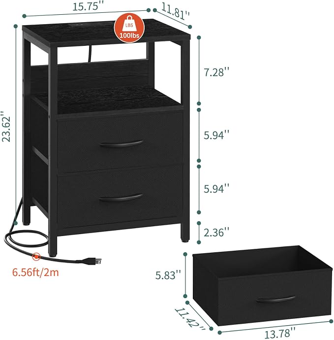 Yoobure Nightstand with Charging Station, Small Night Stand with Fabric Drawers - Image 3
