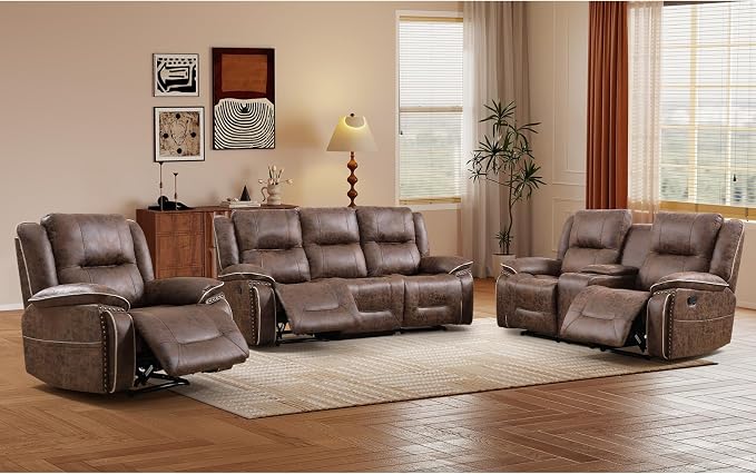 EBELLO Faux Leather Manual Recliner Sofa Set, 1 Seat Reclining Chair, a Loveseat by EBELLO