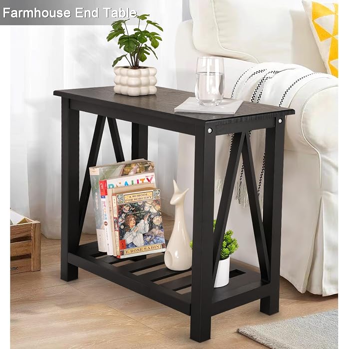 Narrow Side Table with Storage Shelf 2 Tier Wooden Nightstand Bedside Tables - Image 2
